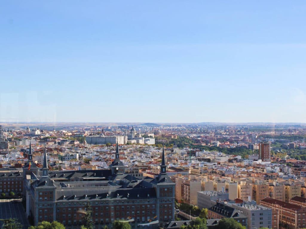 Clear blue sky over the buildings in Madrid