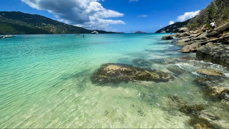 View of the clear blue waters of Magens Bay on St. Thomas