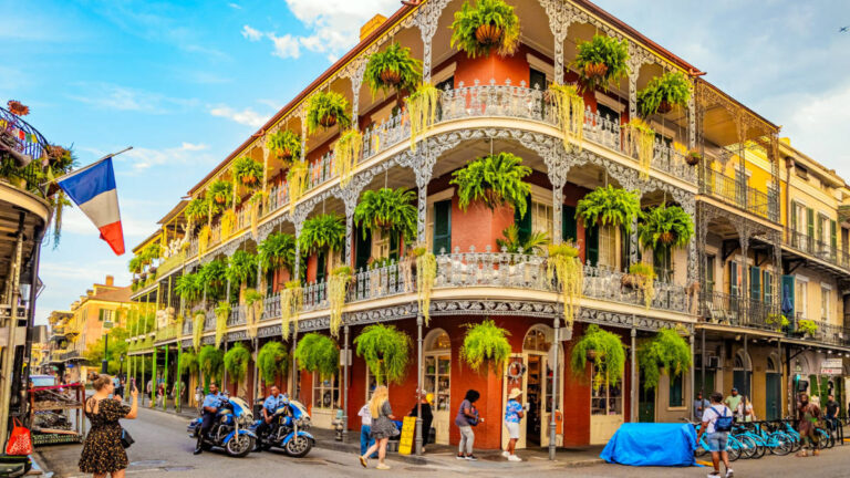 A vibrant street scene in the French Quarter of New Orleans