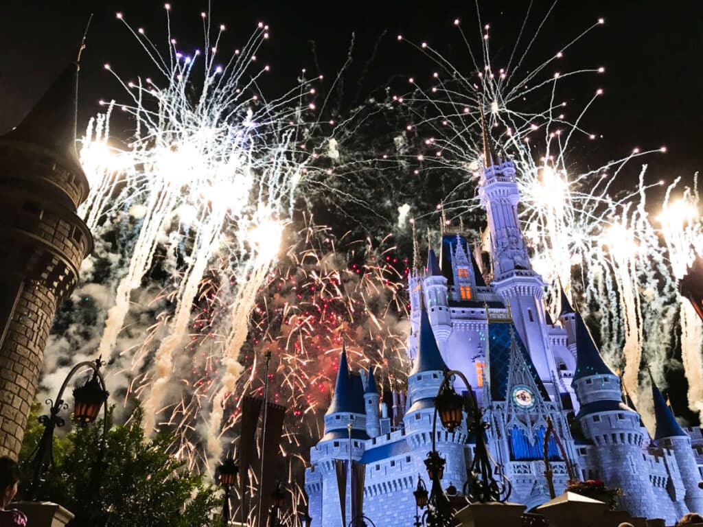 View of the Magic Kingdom fireworks over the castle of Cinderella