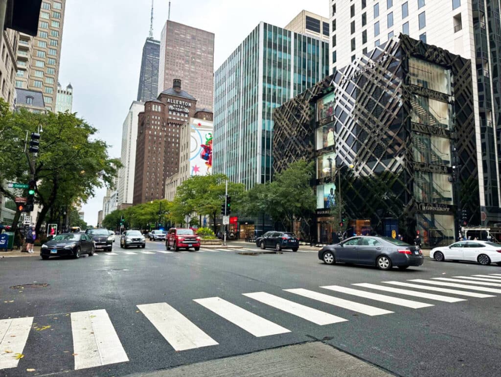 View of the skyline and vehicles around the busy Magnificent Mile