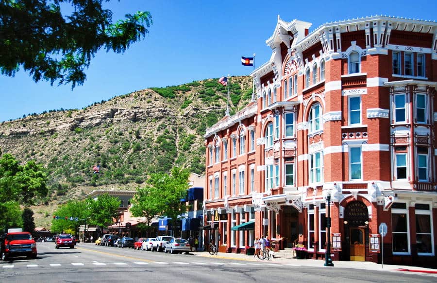 View of the Strater Hotel and mountain valley from across the main avenue of downtown Durango
