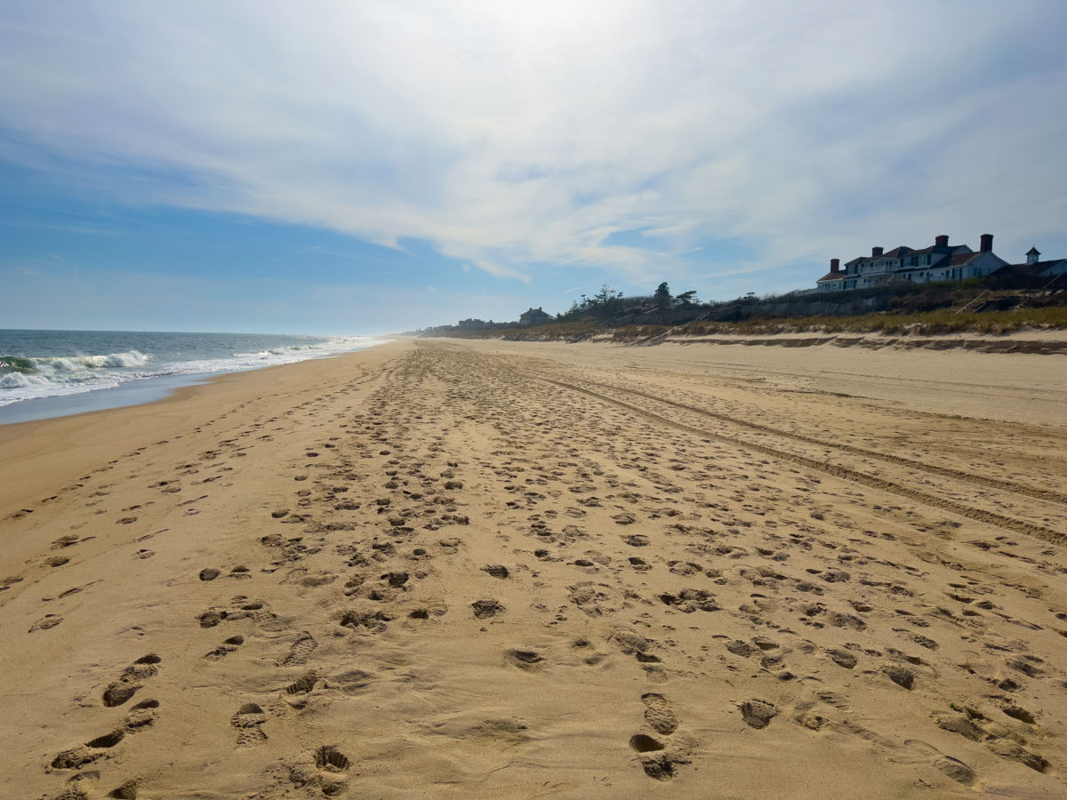 Sandy beach with footprints in East Hampton