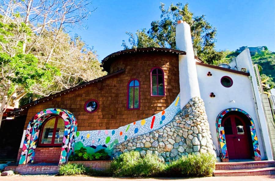 View of the colorful and unique main building at Sawdust Art Festival