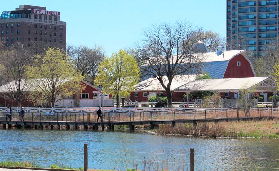 View of the main red barn in Lincoln Park Zoo and the Hotel Lincoln building