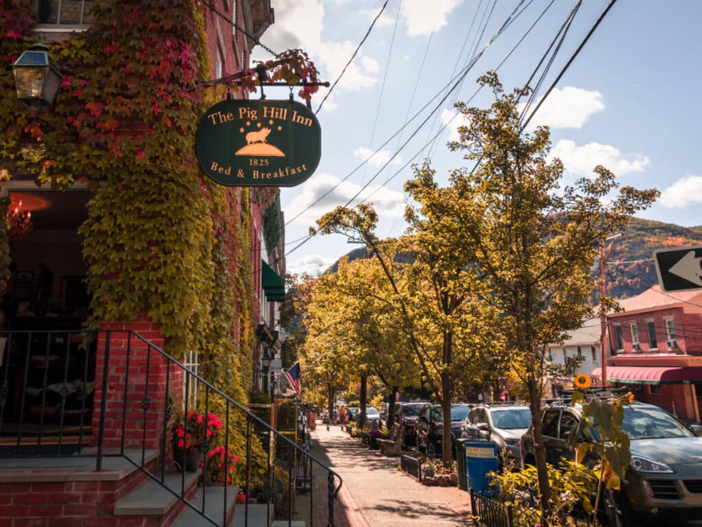 View of the entrance to The Pig Hill Inn Restaurant and B&B on Main Street in Cold Spring