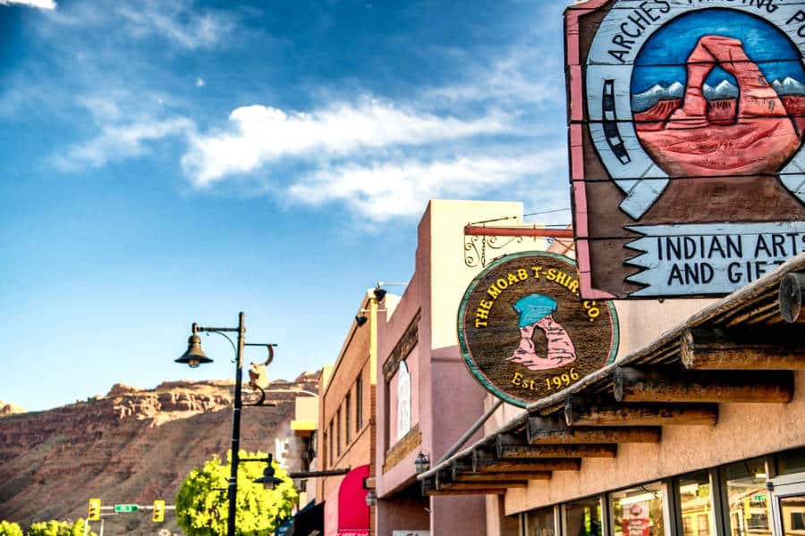 View of the stores' signages at the main street in Moab
