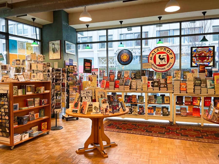 View of the displayed books inside Malaprops Bookstore