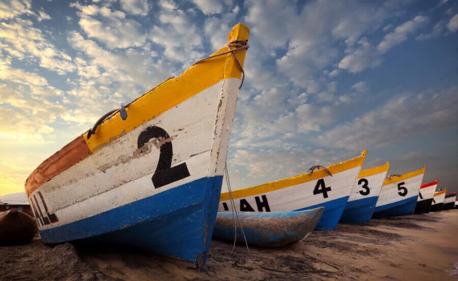 View of the lined colorful boats in Malawi