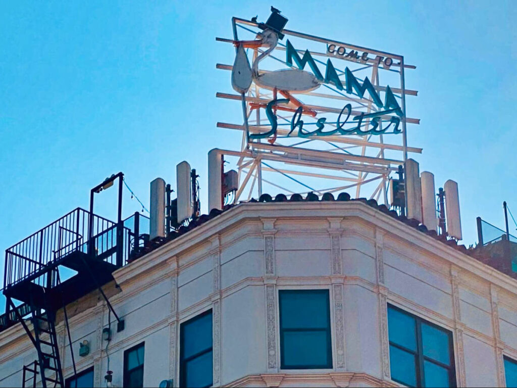 View of the Mama Shelter sign on top of the building