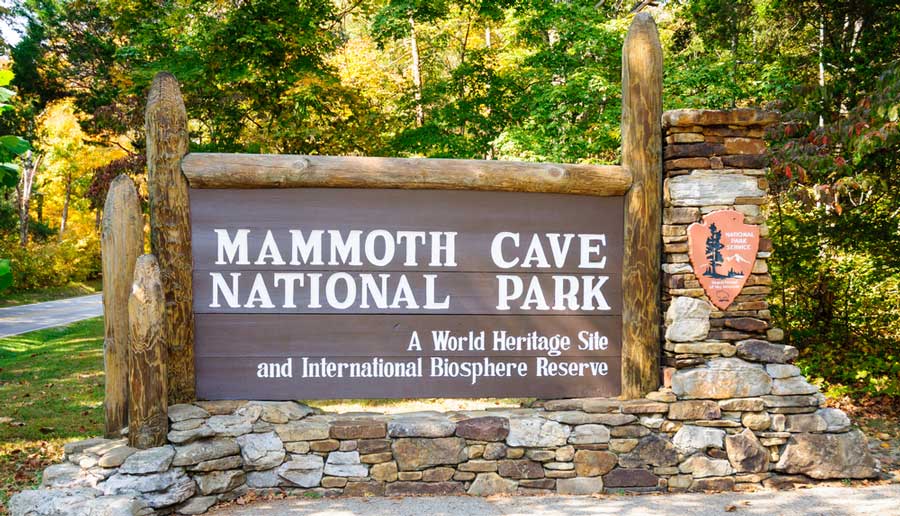 View of the Mammoth Cave National Park signage at the entrance
