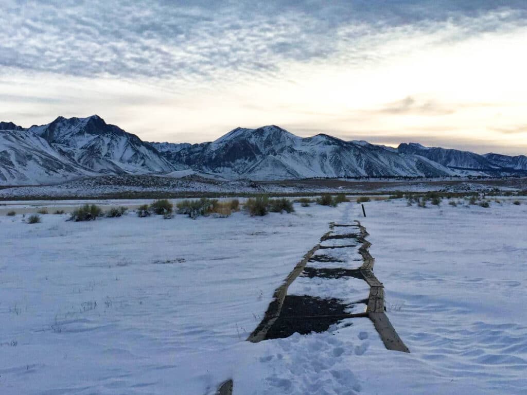 The snow covered Mammoth trail at sunrise