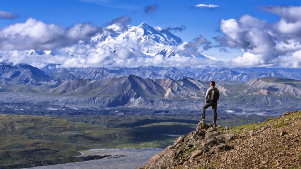 View of a man standing at the cliff at Denali National Park