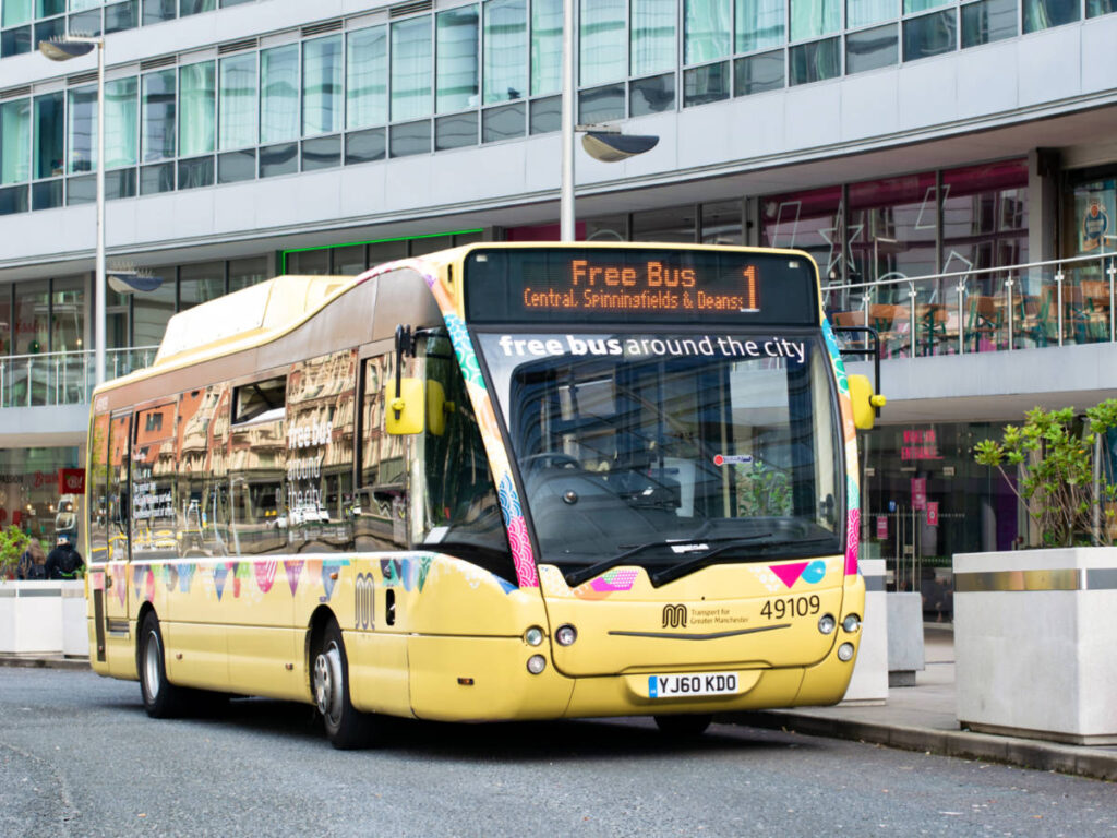 A free bus parked in the street of Manchester