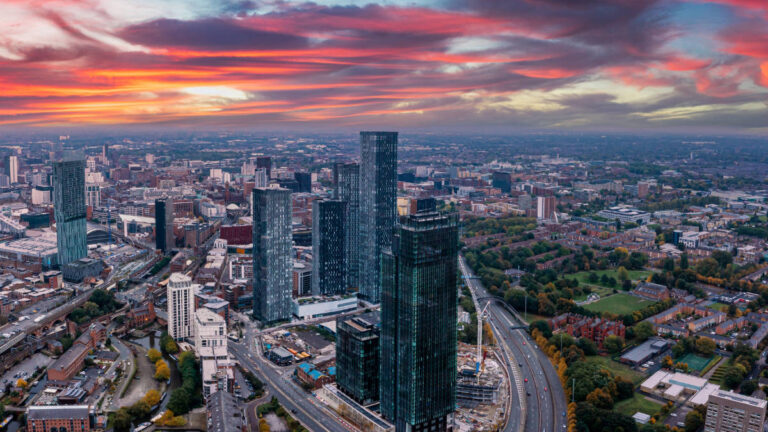 Aerial view of the Manchester city centre during sunset