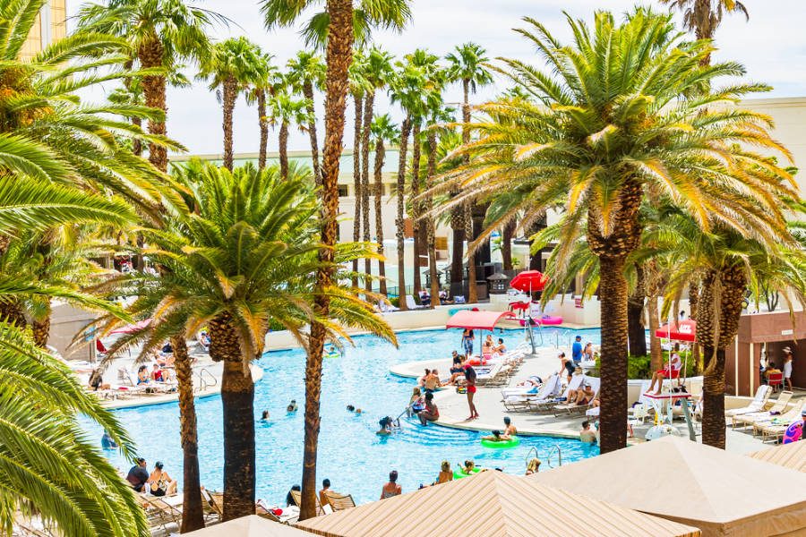 People playing in the pool area with palm trees around Mandala Bay