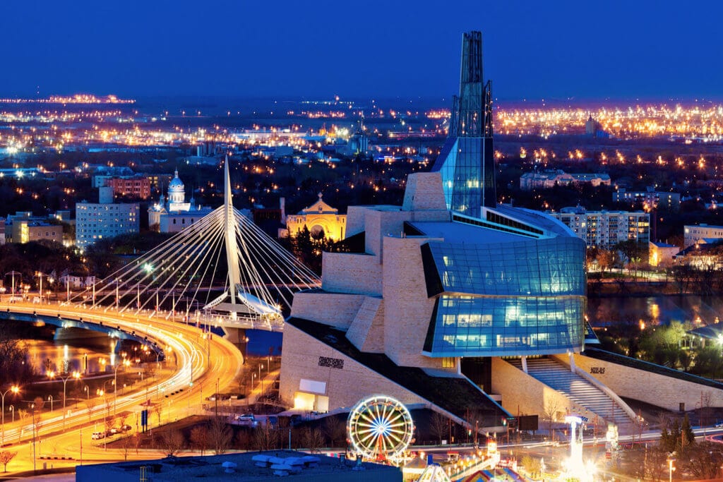 Aerial view of the cityscape of Manitoba at night