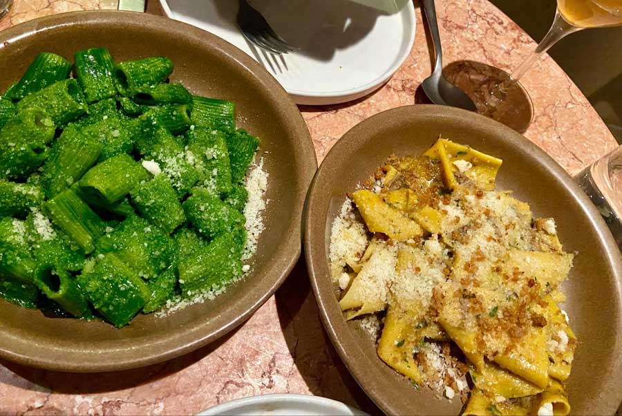 A plate of Kale Rigatoni and succulent Fazzoletti from Manteca