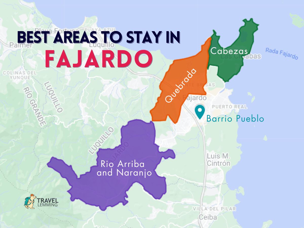 A graphic map that shows the best areas to stay in Fajardo