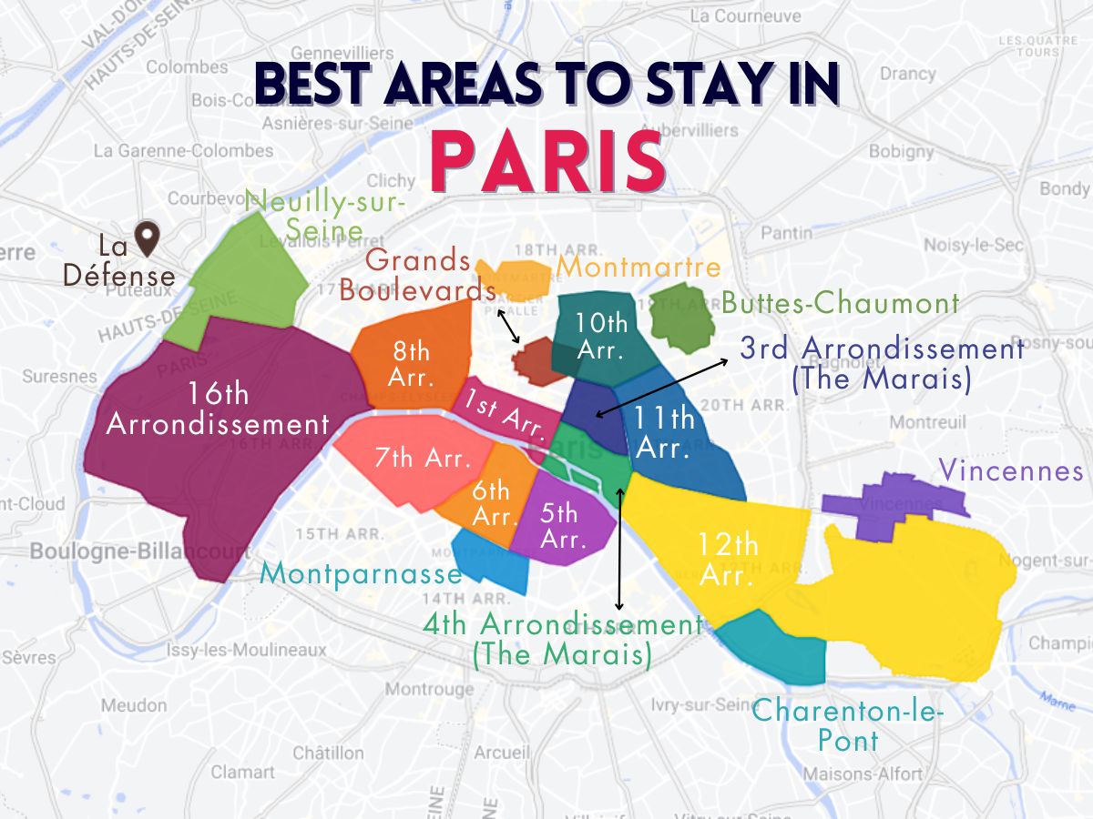 A graphic map that shows the best areas to stay in Paris