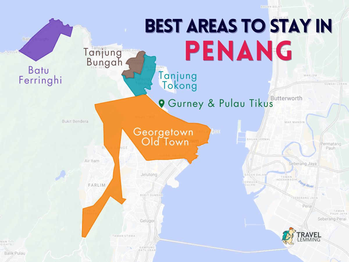 A graphic map that shows the best areas to stay in Penang