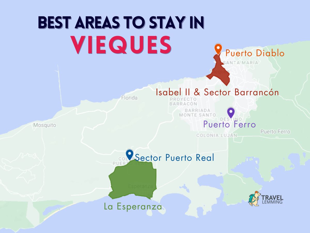A graphic map that shows the best areas to stay in Vieques
