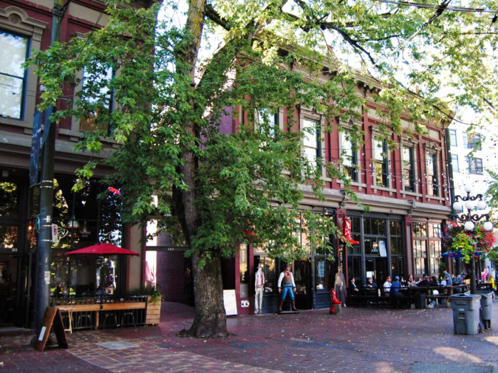 View of the shops around the Maple Tree Square in Gastown