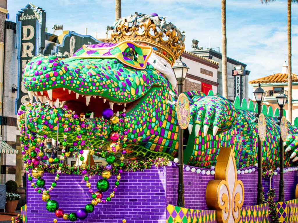 A float parade during the Mardi Gras at Universal Orlando Resort