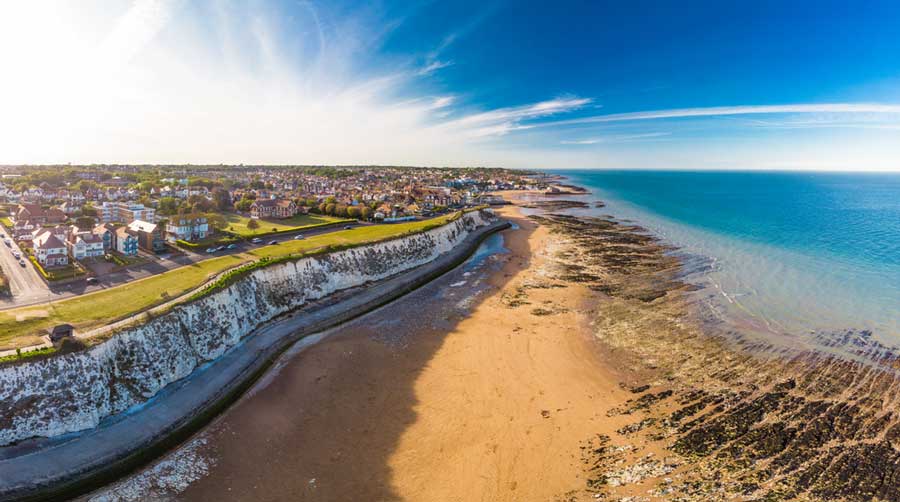 Overlooking view of the white cliff and the beach in Margate, Kent