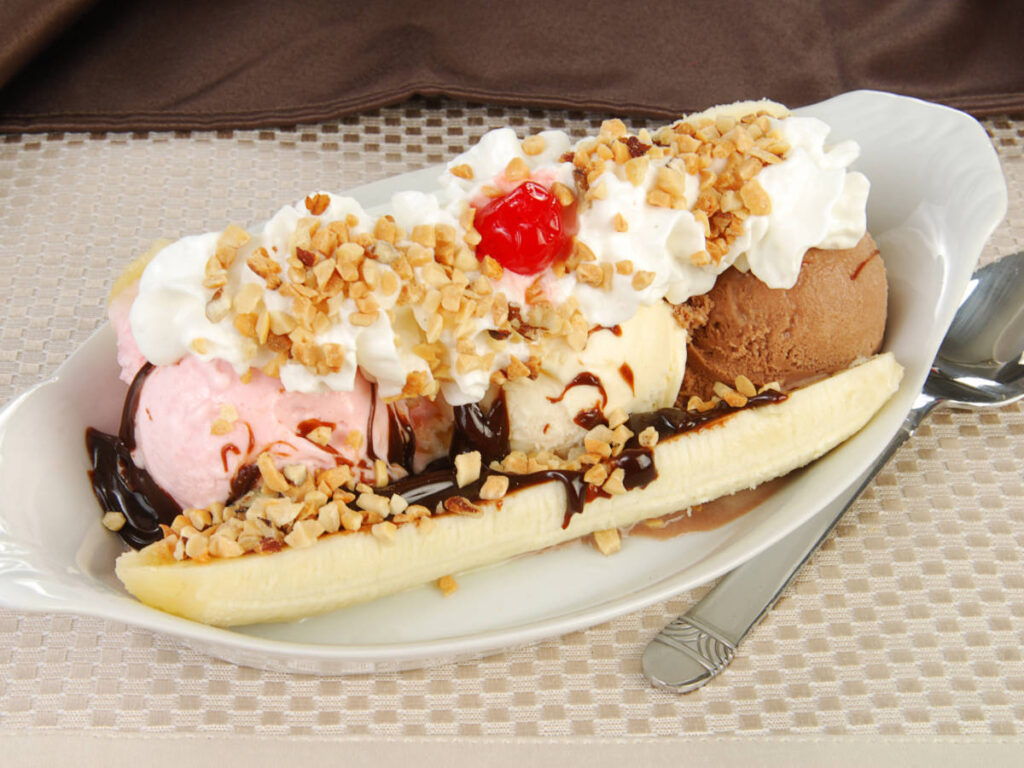 A banana split served in Margie’s Candies