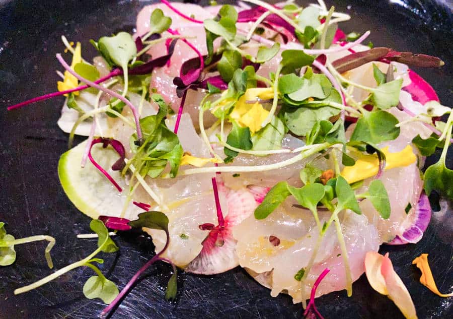 Sliced raw fish with crisp greens and zingy radish on a black plate