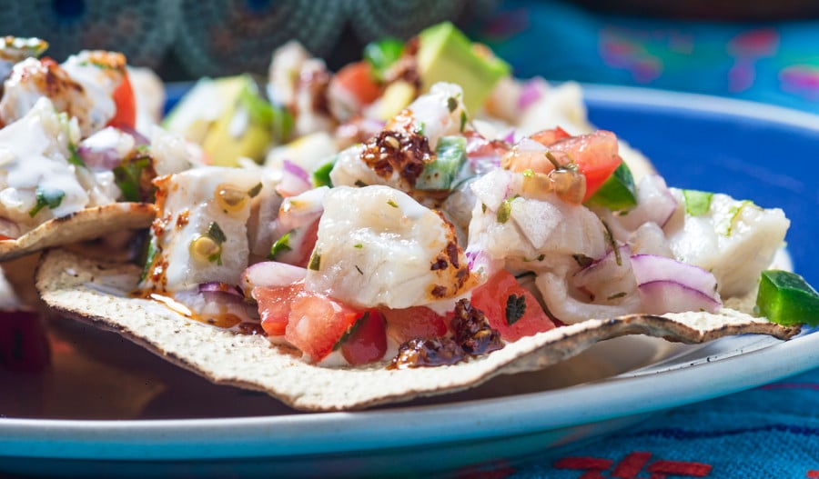 A seafood Mexican mix in a crispy fried tortillas