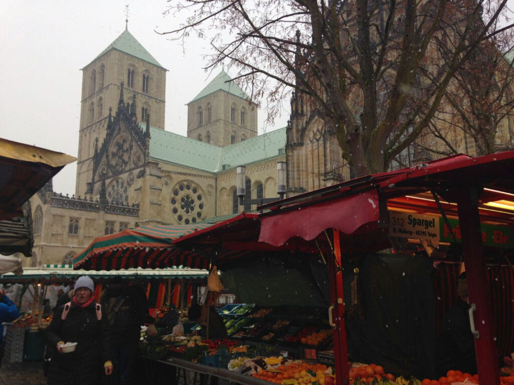 A market in Münster, Germany on a snowy day