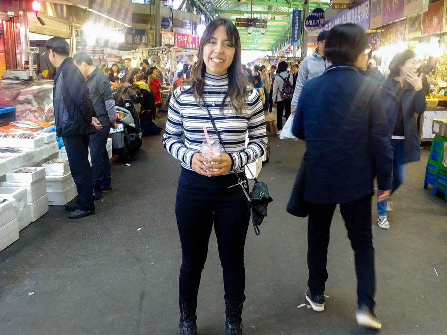 View of the author in a busy market in South Korea