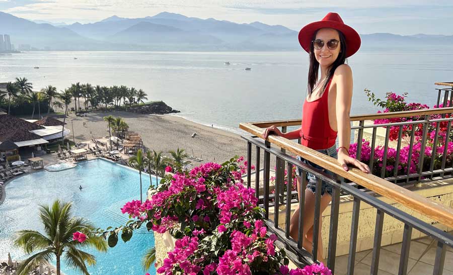 Clara on the balcony of Marriott Puerto Vallarta