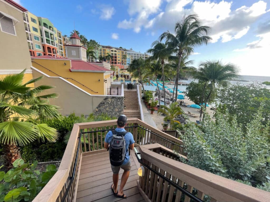 The author, Andrew Bloem descending on a staircase in Marriott’s Frenchman’s Cove on St. Thomas