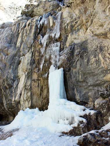 View of the frozen Mary Jane Falls during winter