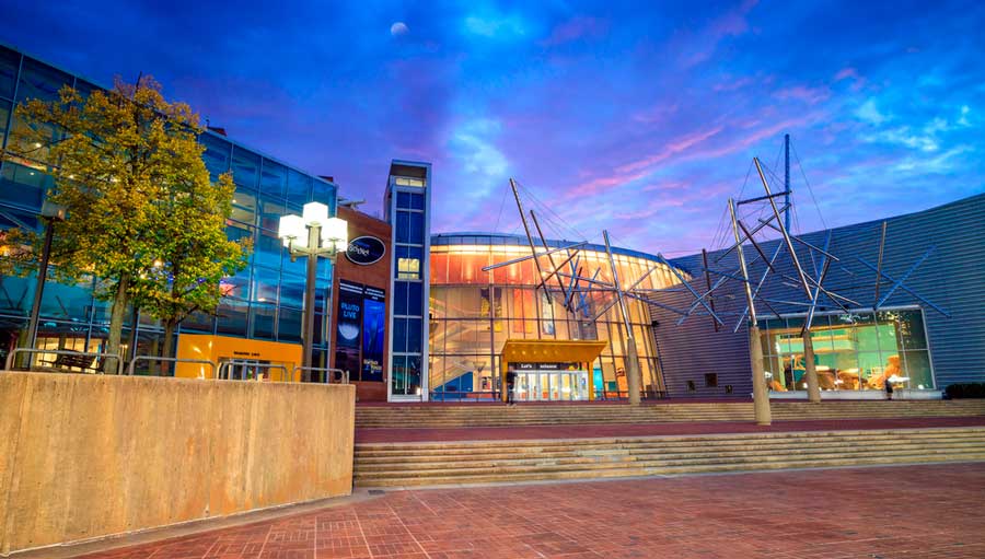 The colorful night sky over the Maryland Science Center