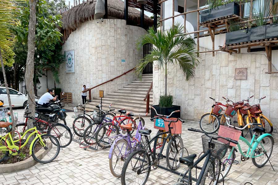 View of bicycles in front of the Mayan Monkey