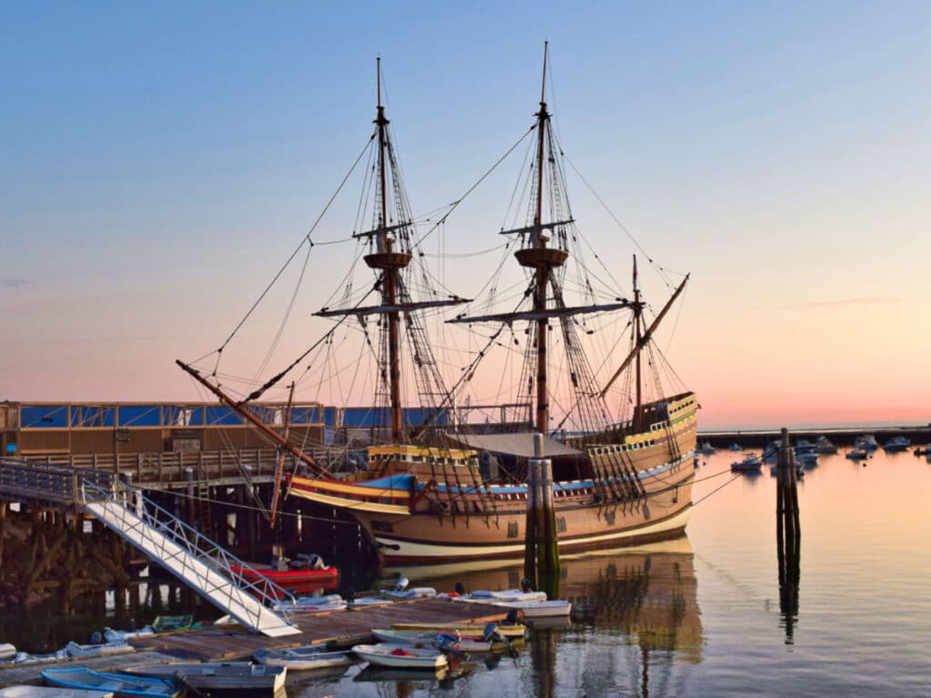The Mayflower II docked in the Plymouth Harbor