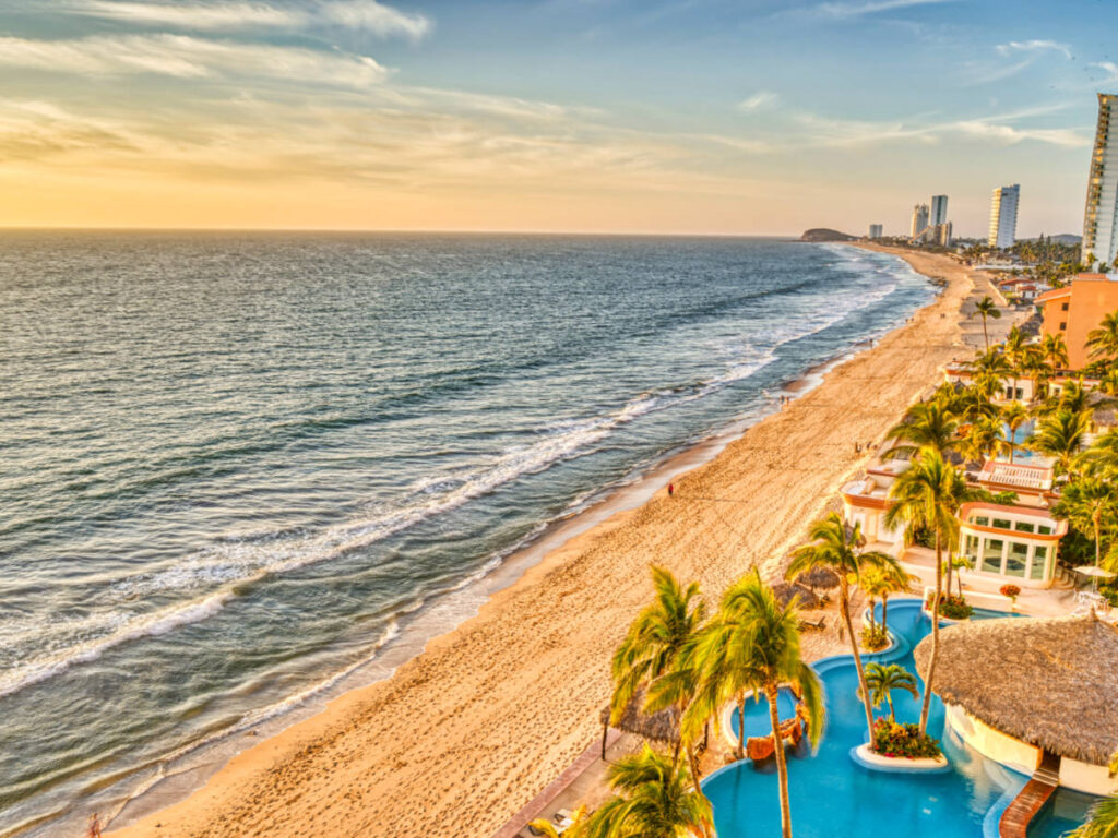 Aerial view of the seaside of Mazatlán at sunset