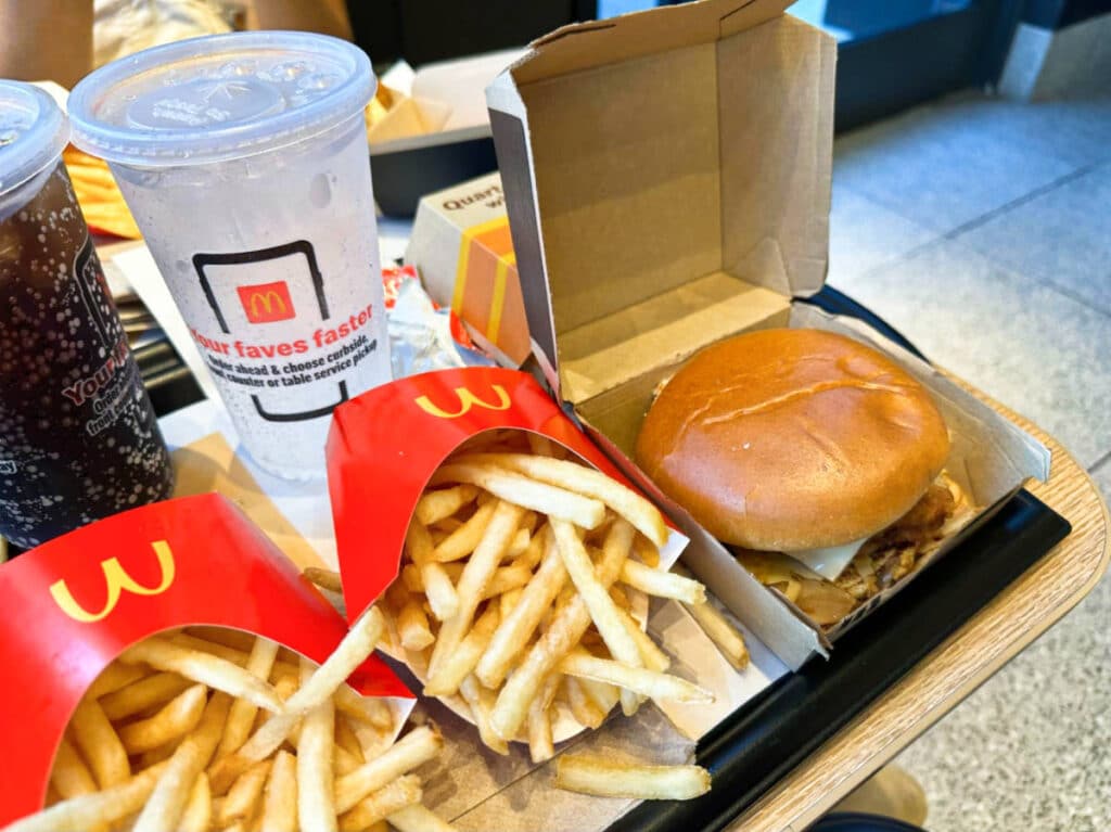 A mushroom deluxe McCrispy sandwich, two regular fries and drinks from McDonald’s Global Headquarters