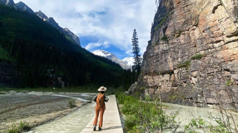 The author McKenna Mobley, posing for a photo on her hike to the Victoria Glacier in Banff