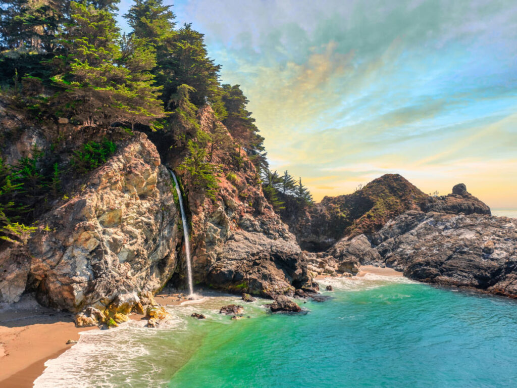 View of the McWay Falls from the viewpoint at sunset
