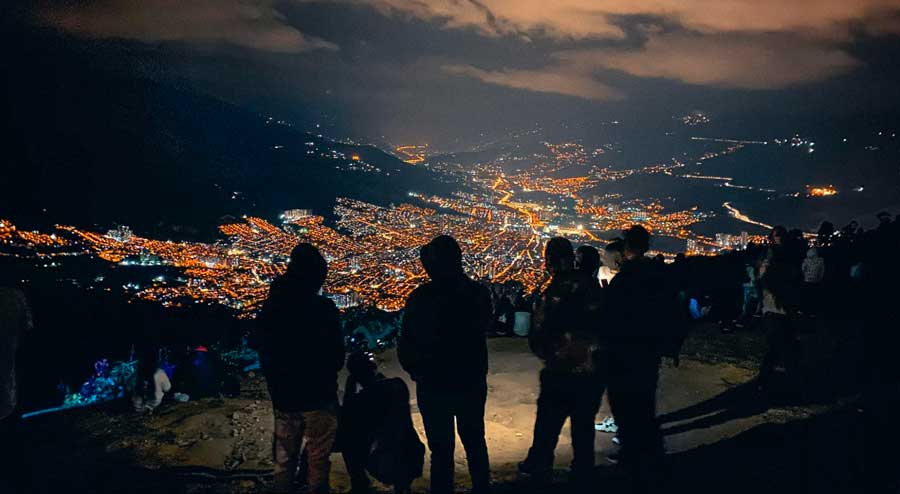 Overlooking view of the city lights at night in Medellin