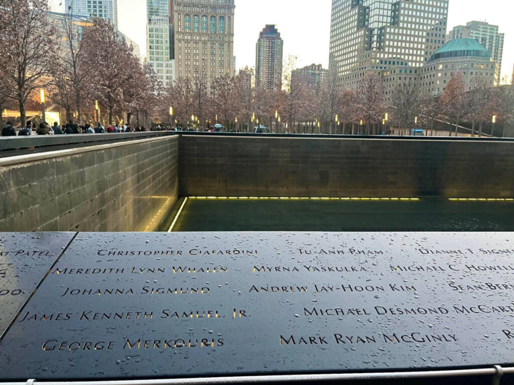 Closeup look of the names on the memorial plaques at Ground Zero 