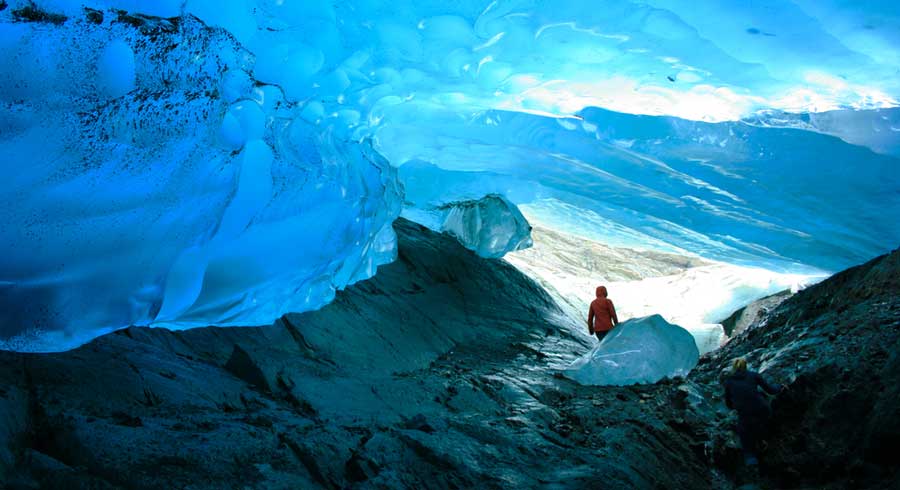 View from an ice cavern inside the Mendenhall Glacier