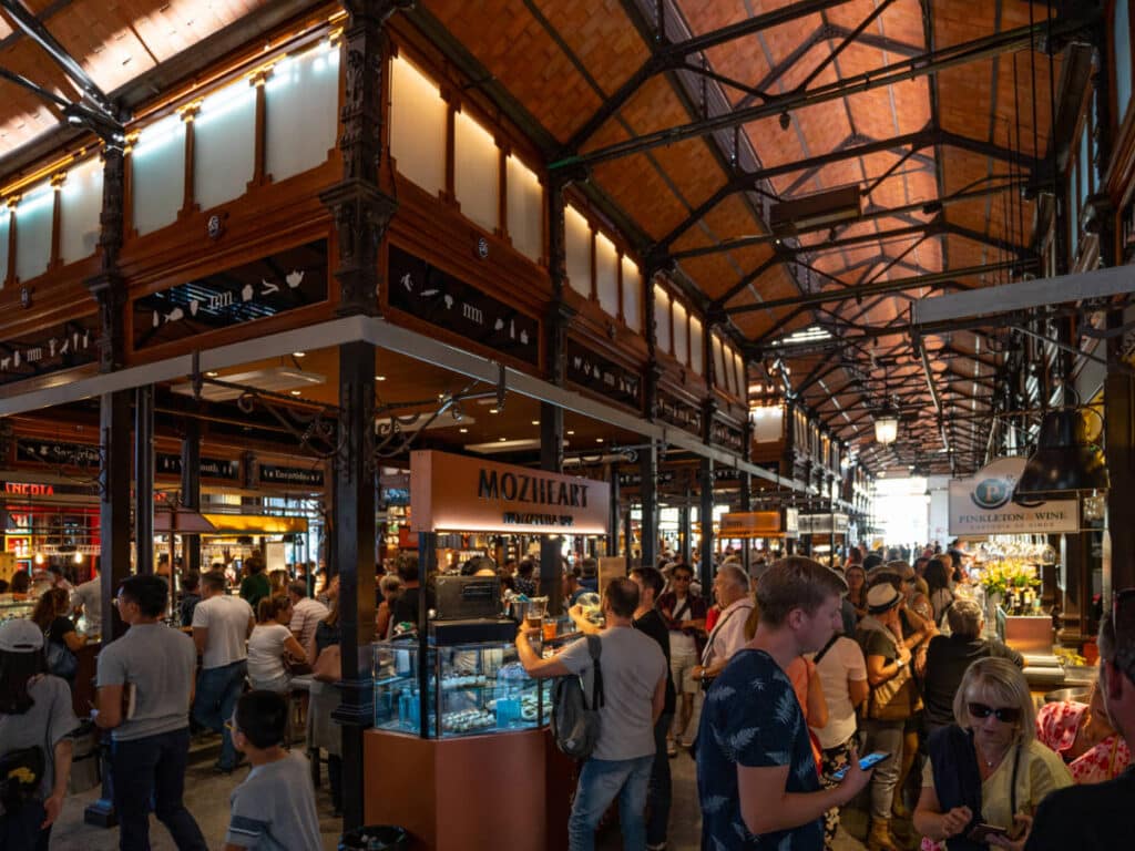 View of locals and tourists at the Mercado de San Miguel