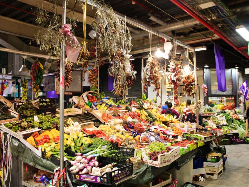 View of the displayed fresh produce at the Mercato Centrale in the San Lorenzo in Florence