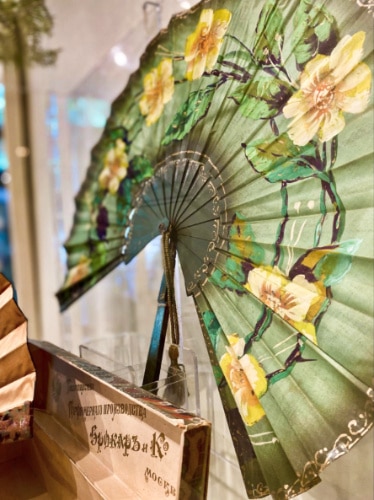 Closeup view of the fan merchandise and artifacts displayed at the Hand Fan Museum of Healdsburg